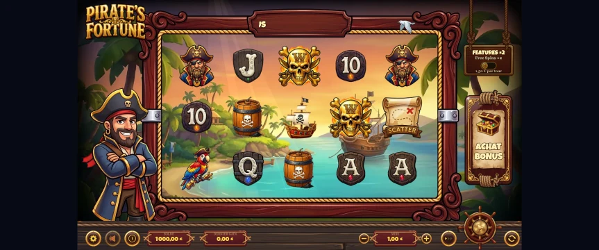 Capture du jeu Pirate’s Fortune avec ses rouleaux et son univers pirate